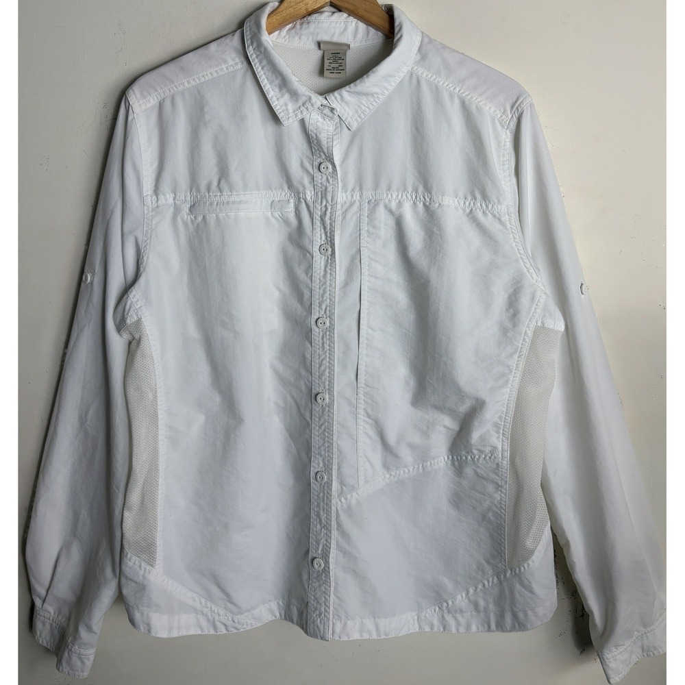 LL Bean Tropic Wear Button Up Top Womens XL White Vented Roll Tab Outdoor Hike
